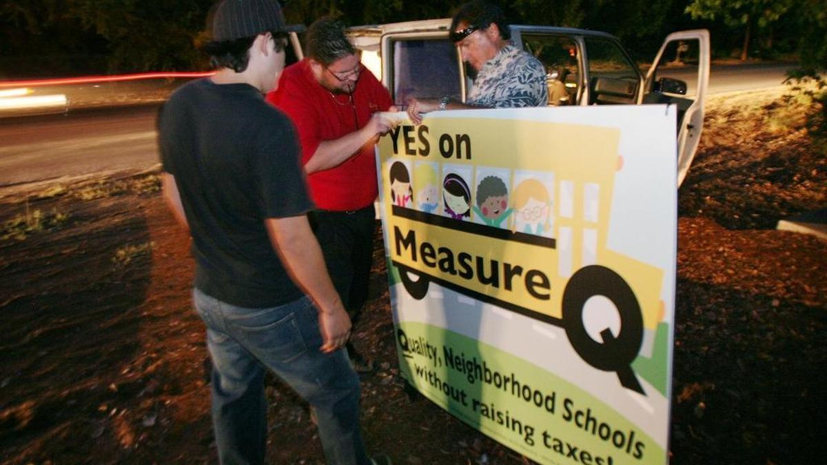 
Measure Q supporters place a sign at the corner of Swift and Maroa avenues in October 2010. 
