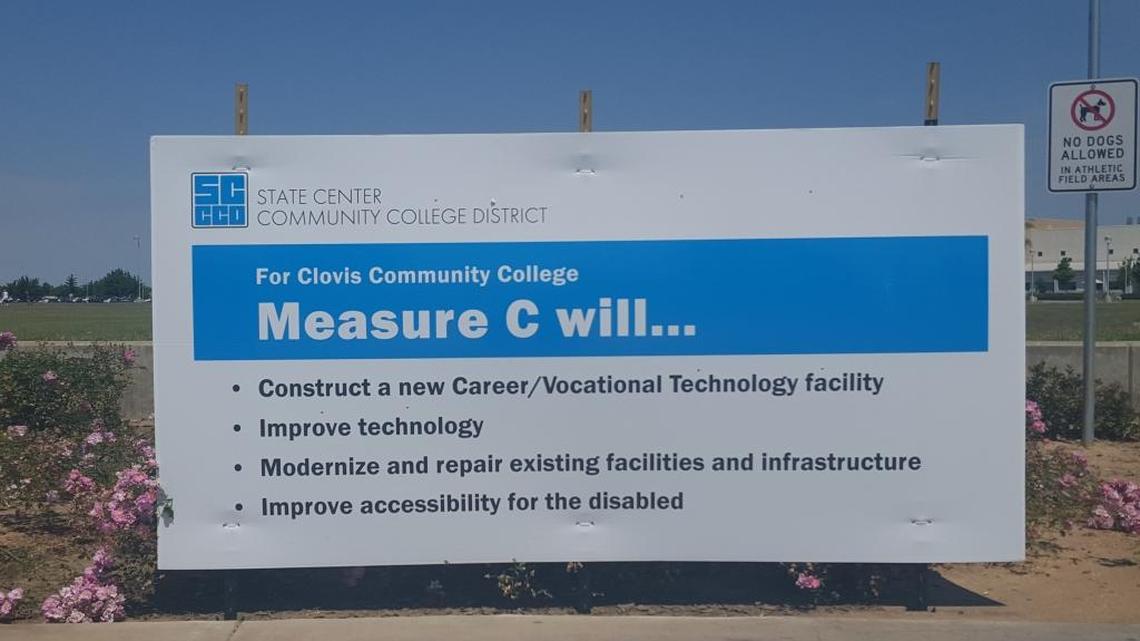 A sign on the Clovis Community College campus promotes Measure C, which would raise taxes in order to provide State Center Community College District with $485 million in additional funding.
