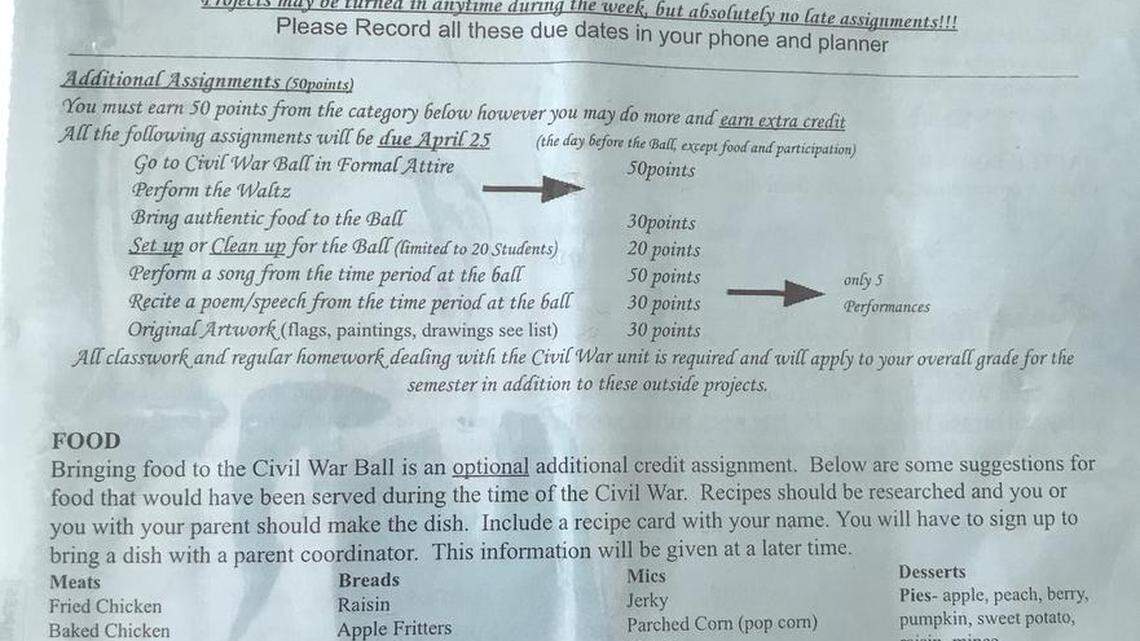 A flyer listing possible activities for students, including the Civil War Ball.