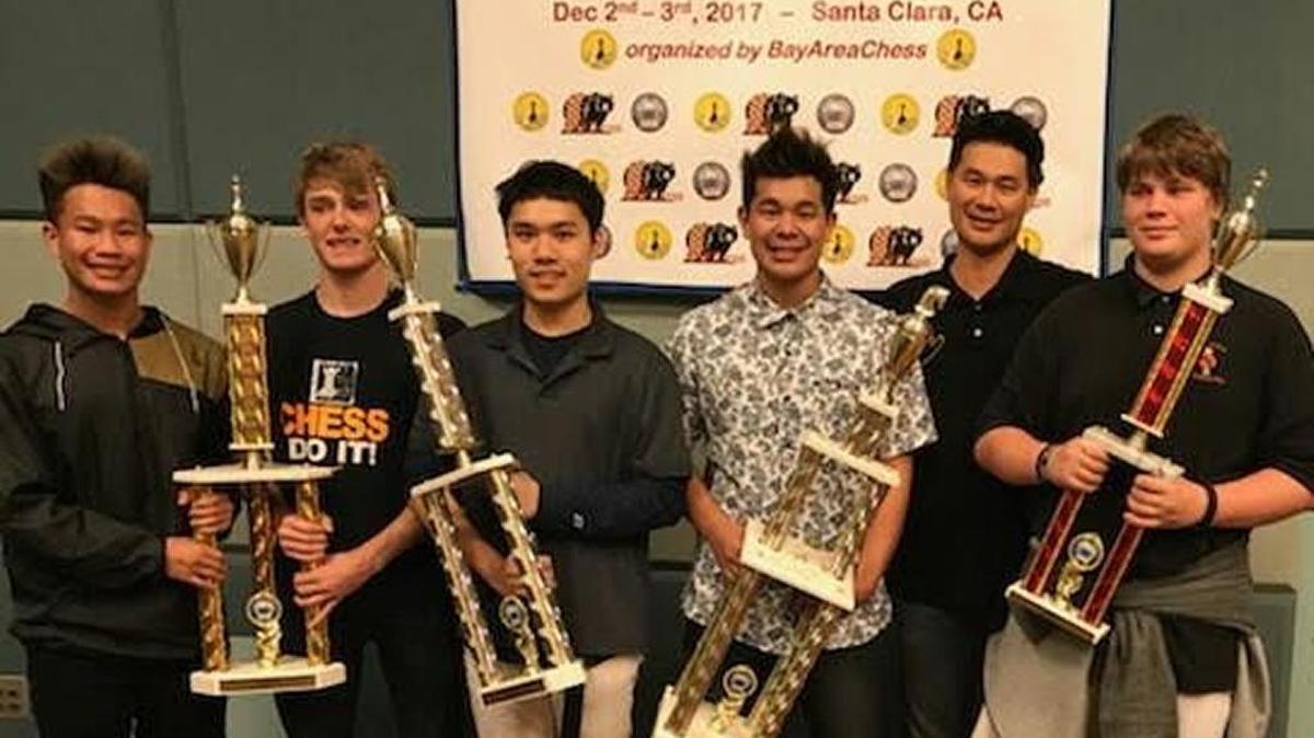 Coalinga High School students at the Northern California Scholastic State Chess Championships, from left, Bryce Wong, David Carmona, Dara Tan, Brett Wong, Coach Ed Wong, Jonathan Albrecht.