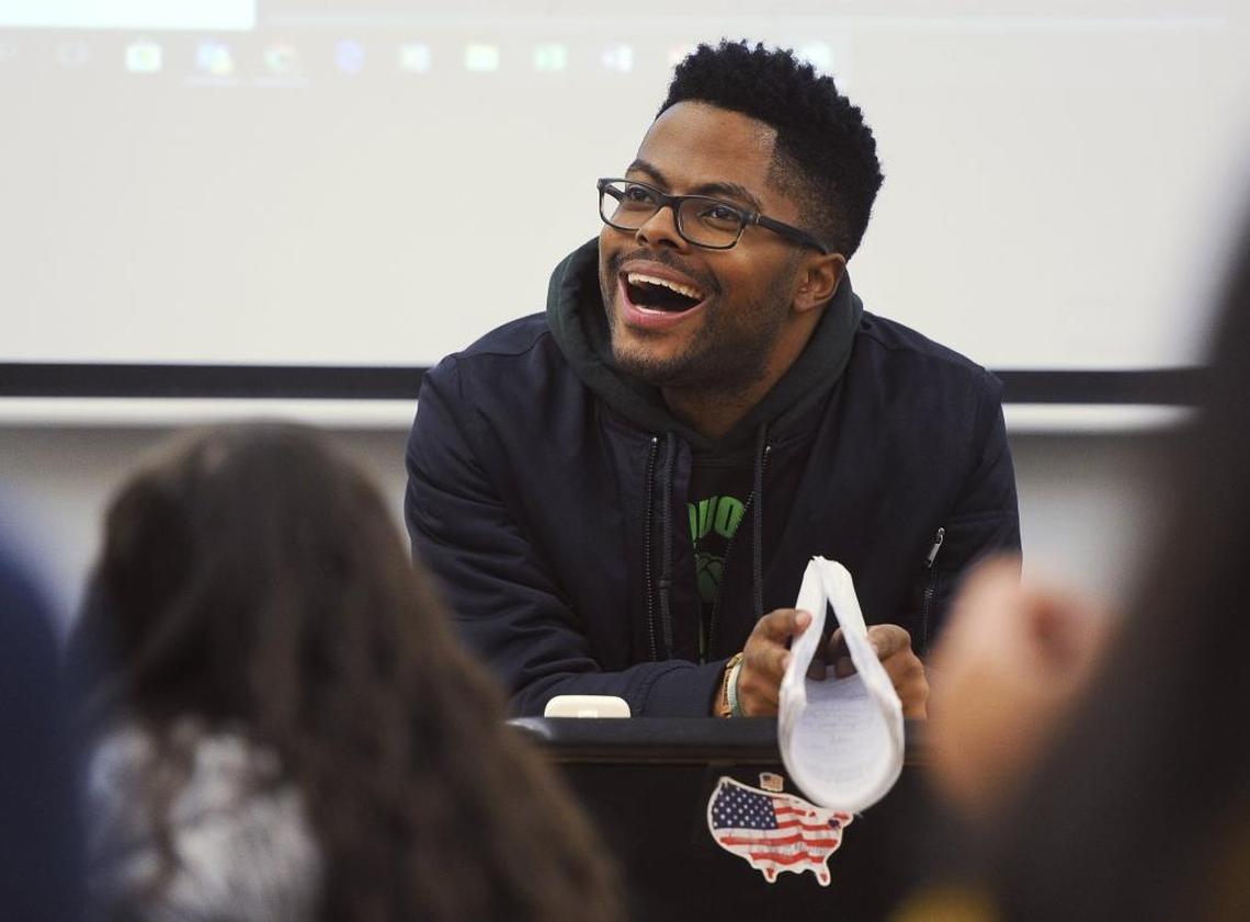 Jeff Copeland teaches history at Sequoia Middle School Friday morning, Dec. 1, 2017 in Fresno. Copeland says there is a need for more teachers of color, especially men.