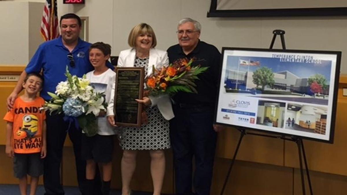 
Virginia R. “Ginny” Boris and family are recognized at Wednesday’s Clovis Unified school board meeting after the board voted to name its new elementary school after Boris.
