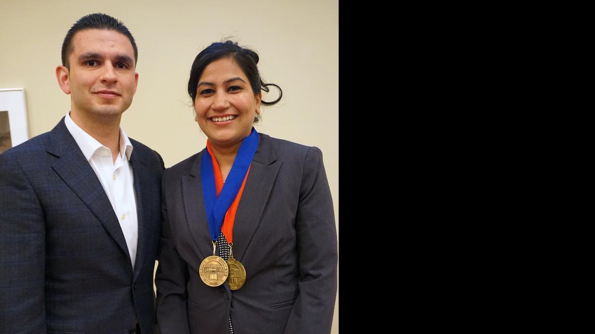 
Juan Cantú, nephew of late Fresno City College President Tony Cantú, and medallion winner Sukhvinder Kaur

