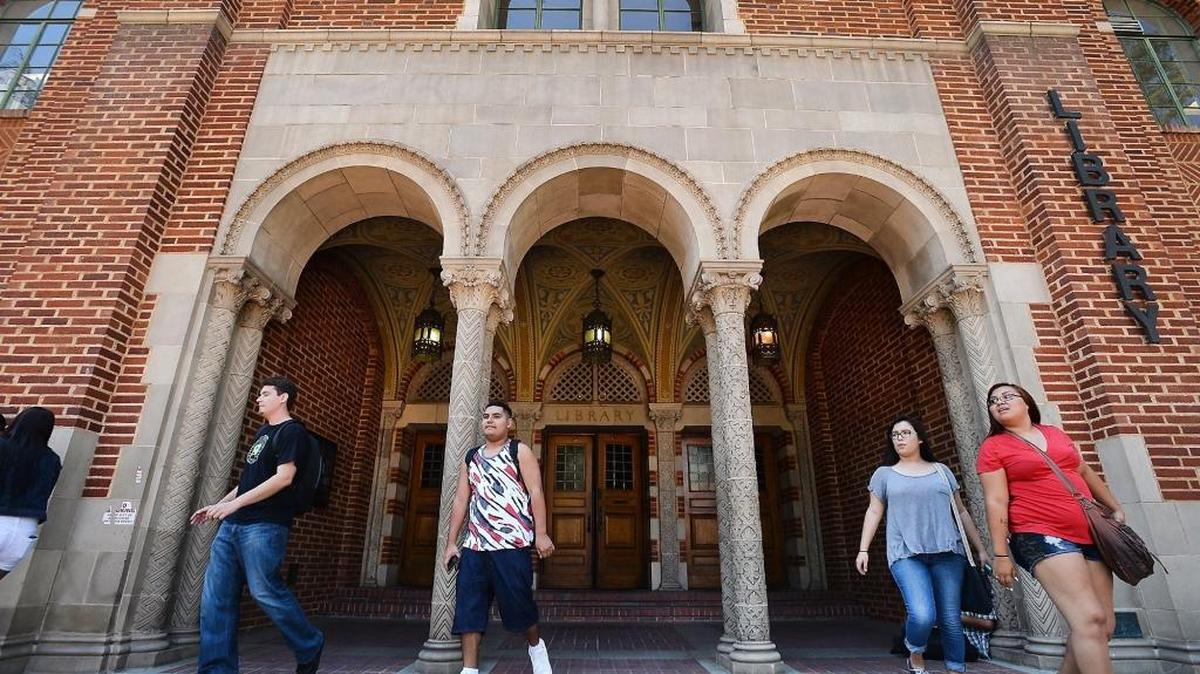 Students exit the library at Fresno City College.