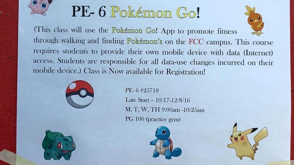A sign posted on the Fresno City College campus alerted students about a new walking class centered around mobile game “Pokémon Go.”