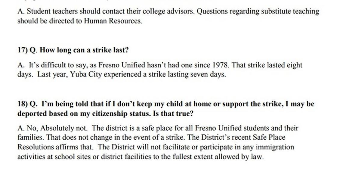 A question from a community member regarding a potential Fresno Teachers Association strike said they were told they could be deported if they don’t support the strike, according to a FAQ sheet published by Fresno Unified.