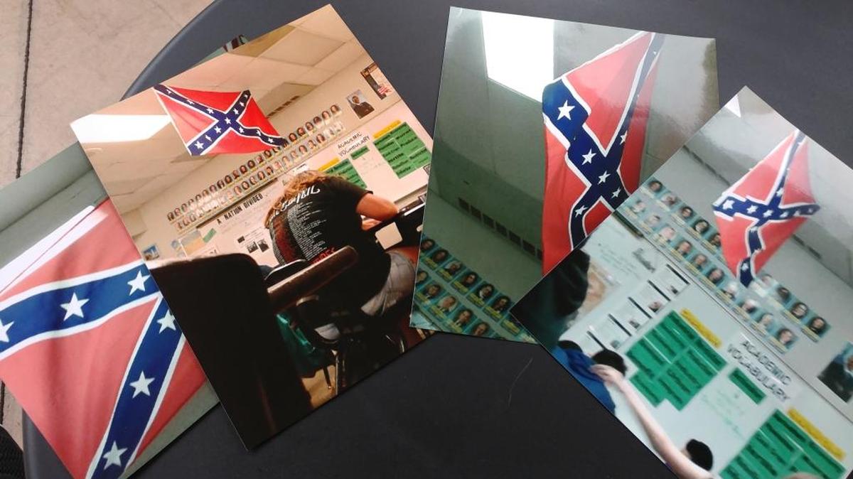 Several images taken from inside a classroom at La Joya Middle School by a student on April 3, 2017 show a Confederate flag hanging from the ceiling. School officials say it was used for educational purposes but it was taken down after a mother raised concerns.