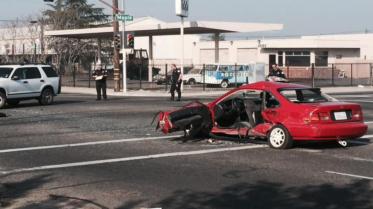 A small sedan and an SUV involved in a crash at the intersection of Olive and Maple avenues in east-central Fresno on Thursday morning, Nov. 10, 2016.
