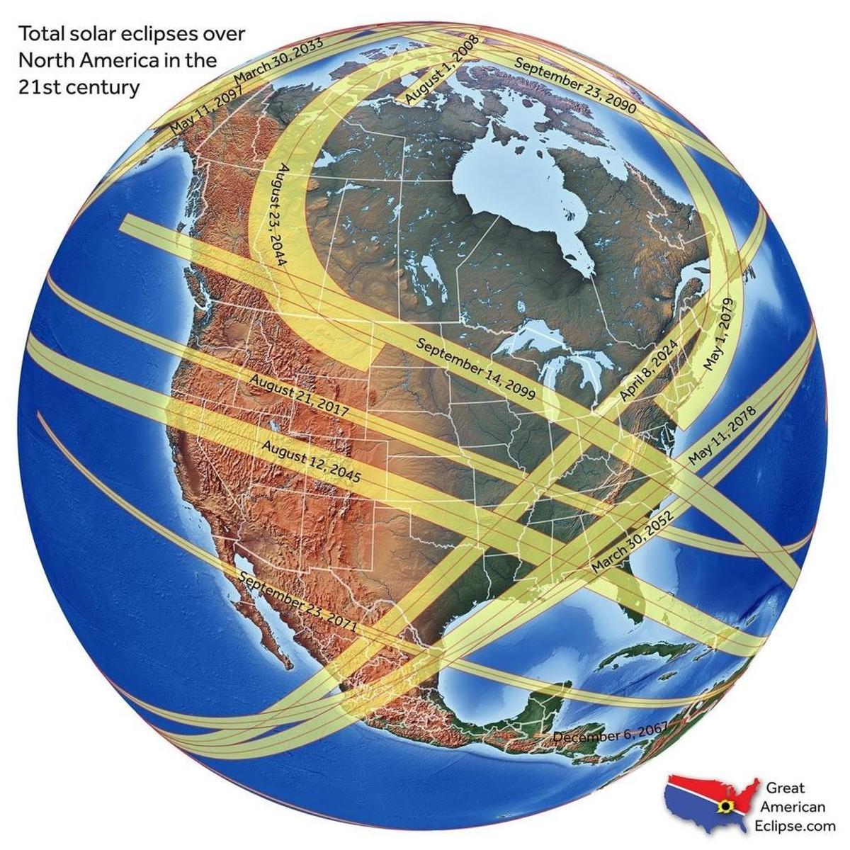 A map shows the paths of totality for future eclipses that will be visible in North America through the end of the 21st century.