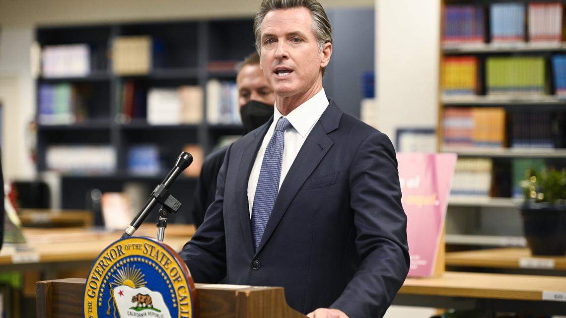 Gov. Gavin Newsom speaks at Frank Sparkes Elementary School in Winton, in Merced County, on Dec. 1, 2021.