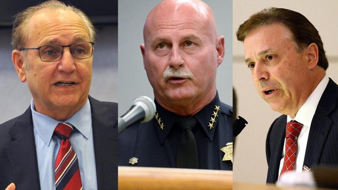 Fresno City Councilman Garry Bredefeld, right, wants to let city employees carry concealed weapons on the job. Mayor Lee Brand, left, and Police Chief Jerry Dyer have reservations.