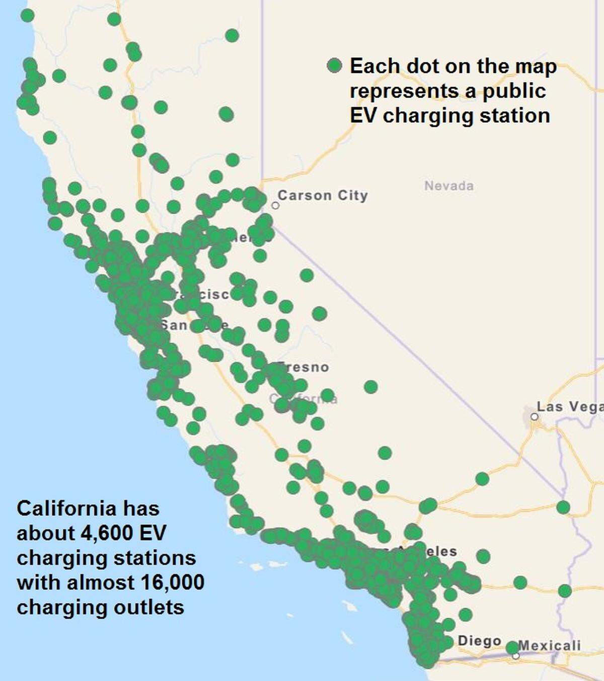 Many of California’s public charging stations for electric vehicles are concentrated in high-density population centers in the San Francisco Bay Area and Southern California, and are spread much thinner in the center of the state.