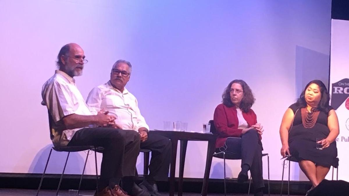From left, Samuel Orozco, Luis Valdez, Miriam Pawel and Dawn Mabalon, featured speakers Wednesday at the California Humanities forum at the Fresno Art Museum. The topic was “The Farmworker Movement in California: From Chavez Onwards.”