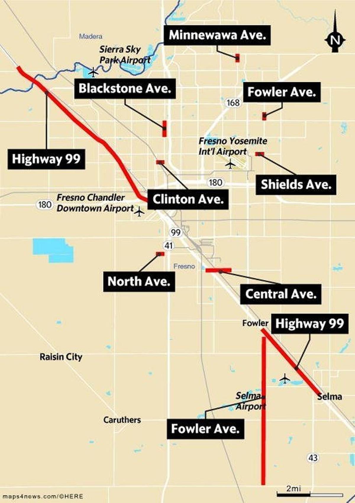 Improvements to Highway 99 and a number of city and county roads in the Fresno area are planned using money from SB 1, a state fuel-tax increase that took effect on Nov. 1, 2017.