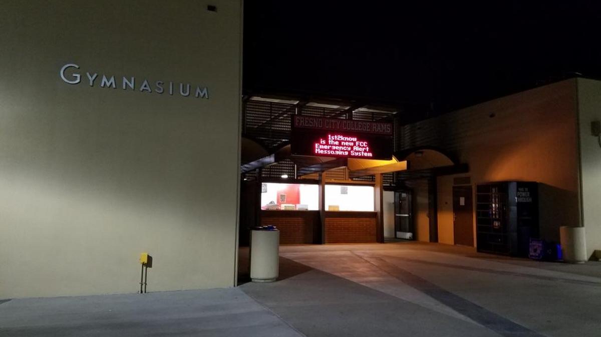 The Fresno City College gym is seen Saturday, Dec. 9, 2017, hours after the body of a man believed to be elderly and possibly homeless was found inside the men’s locker room. There was no sign of foul play.