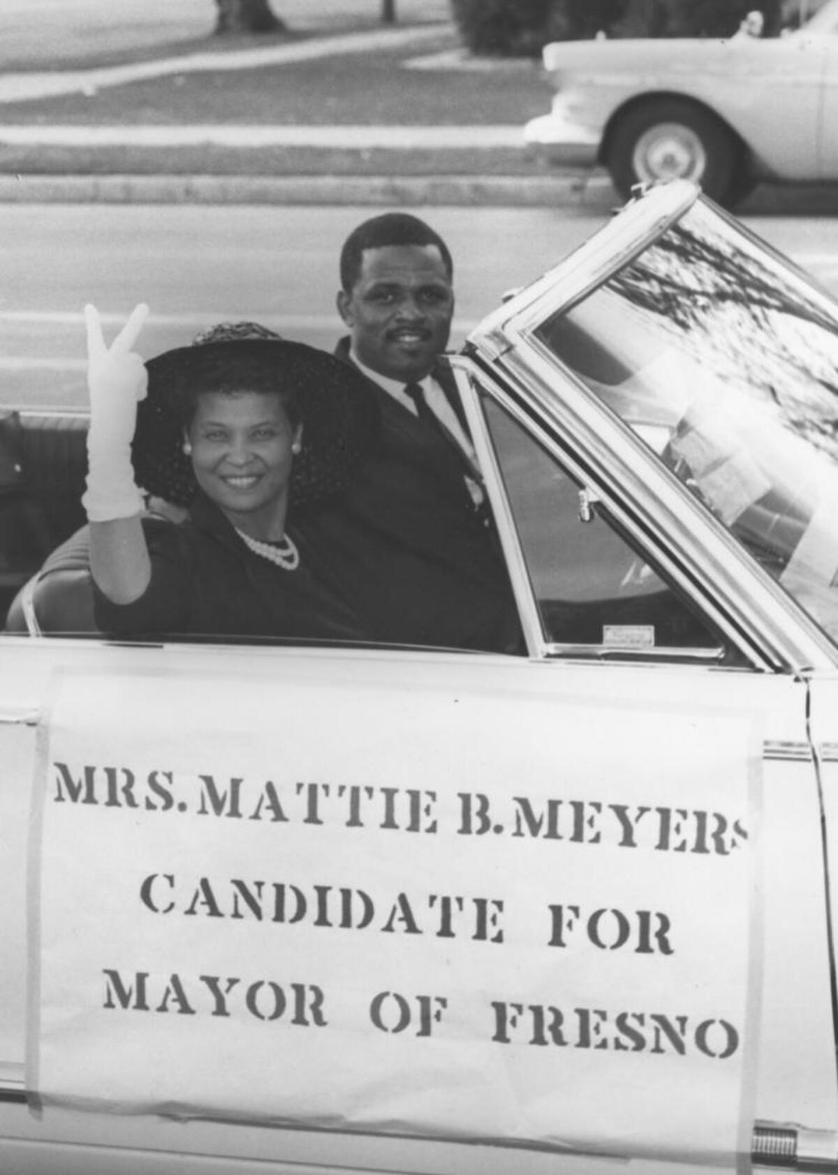 Mattie Meyers, left, in a parade in 1965 when running for Fresno mayor.