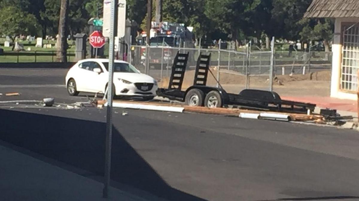 This trailer broke free and took out a power pole, triggering a chain reaction that pulled down several more power poles Wednesday, Sept. 20, 2017.