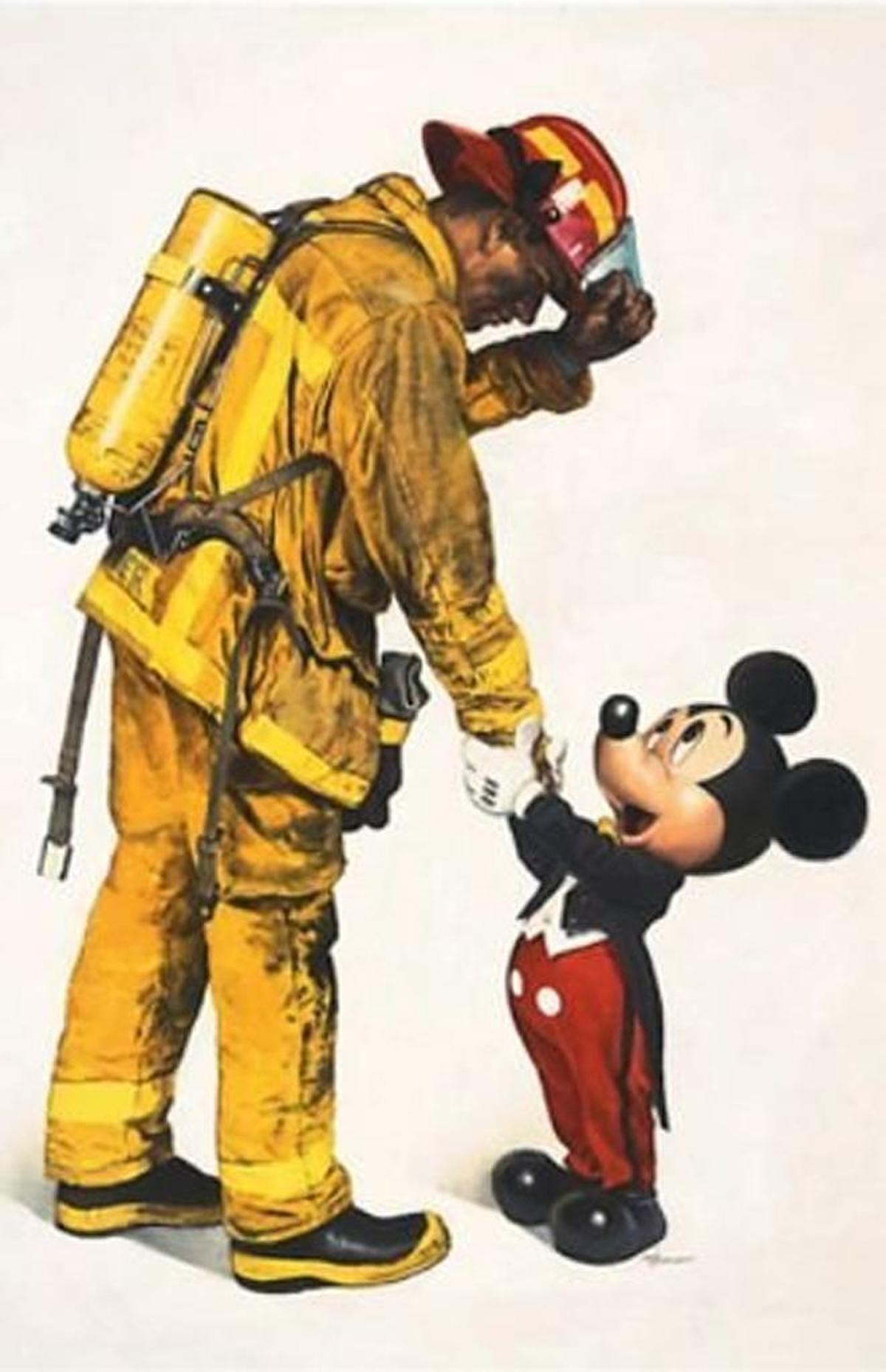 Free tickets being given to firefighters by the Disneyland theme park are decorated with artwork by Charles Boyer depicting Mickey Mouse shaking hands with a firefighter.