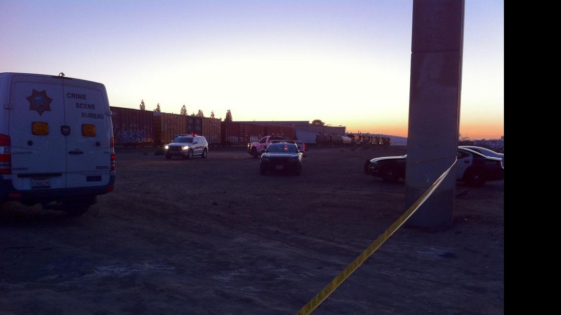 
The scene at dusk where a photographer was killed by a train in downtown Fresno.
