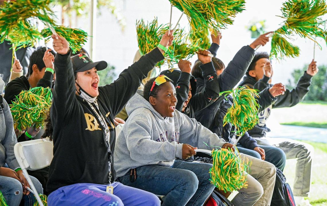 Area school kids cheer during an event at Saint Rest Baptist Church in west Fresno where Comcast announced that it would be launching a new “Lift Zone” at the church, allowing free access to Wifi, as well as donating $25,000 to the church for a new computer lab, and investing $200,000 to fund workforce development opportunities in the Valley. Each of the students in attendance also received a free laptop from the company.