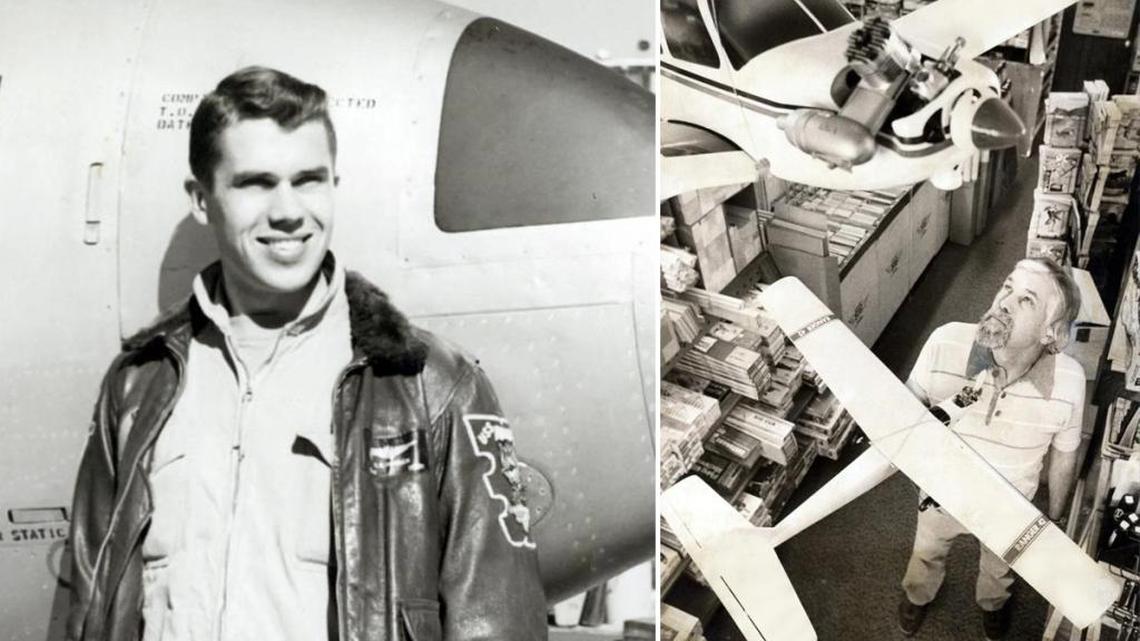 Robert “Bob” Hansen outside a plane in the Navy Reserve, left, and inside his Bob’s Village Hobby shop in 1981.