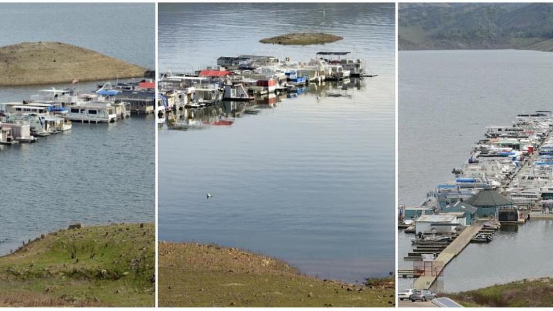 Photos show varying water levels at Pine Flat Lake in 2015 (left), 2016 (middle) and now. Images were shot at the marina at the Deer Creek Recreation Area. The island that appeared the past two Januarys is now underwater.