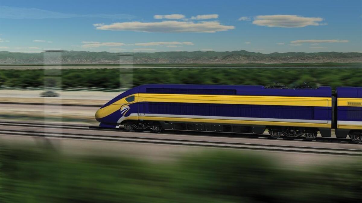 An artist’s rendering depicts a high-speed train speeding through the southern San Joaquin Valley.