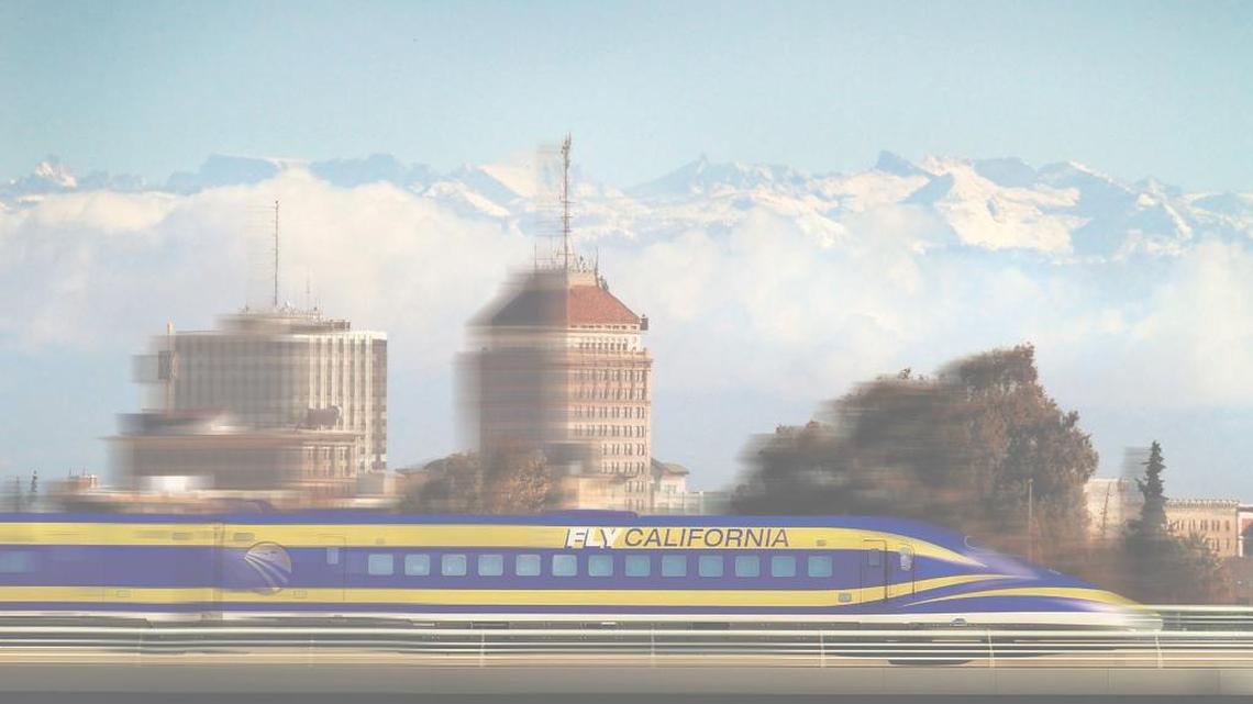 
An artist’s rendering depicts a high-speed train rushing through downtown Fresno.
