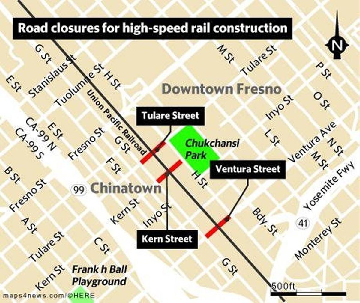 Part of Kern Street and Ventura Street will be closed for high-speed rail construction starting in November and December. Part of nearby Tulare Street closed last month as well.