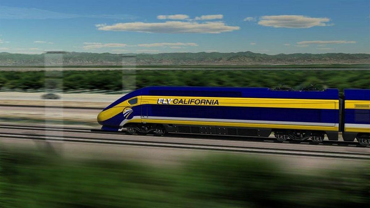 
An artist’s rendering depicts a high-speed train traveling through the southern San Joaquin Valley.

