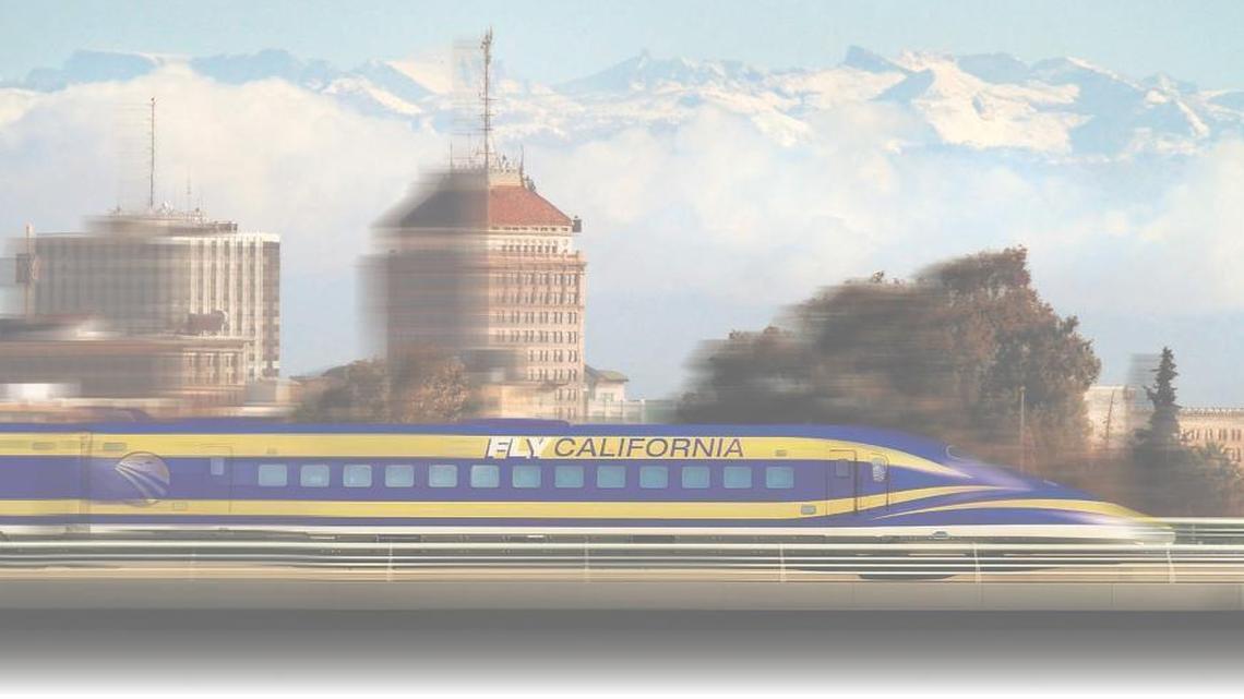 A photo illustration showing a high-speed train heading through downtown Fresno.