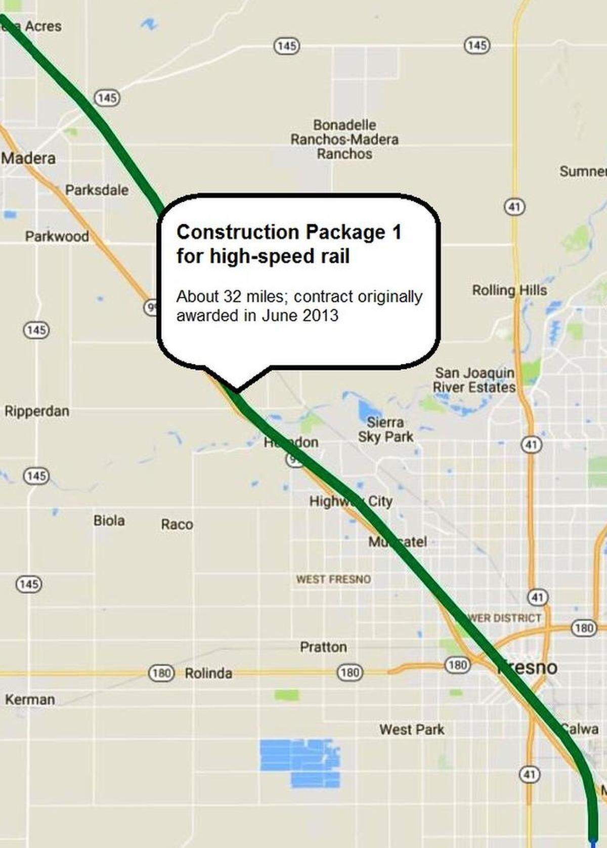 The California High-Speed Rail Authority’s Construction Package 1 spans about 32 miles from north of Madera to south of Fresno.