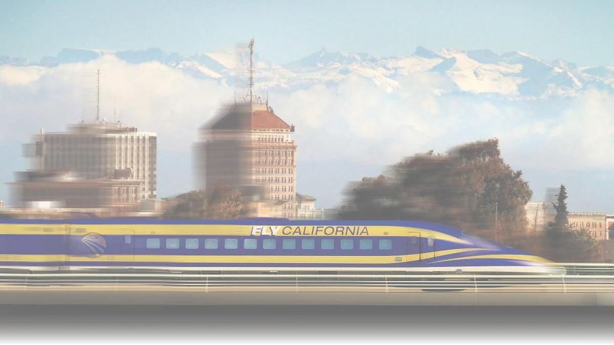 Photo illustration of a high-speed-rail train cruising through downtown Fresno.