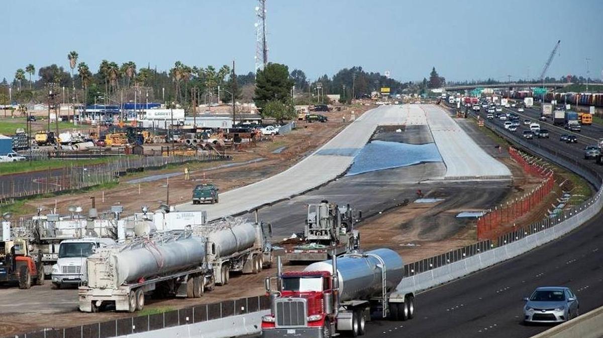 A view looking north from Clinton Avenue shows the progress of Caltrans’ Highway 99 relocation work in February. The highway is being shifted westward by about 100 feet between Ashlan and Clinton avenues in central Fresno to make room for new high-speed train tracks. The Ashlan and Clinton overpasses will also be torn down and rebuilt as part of the project.