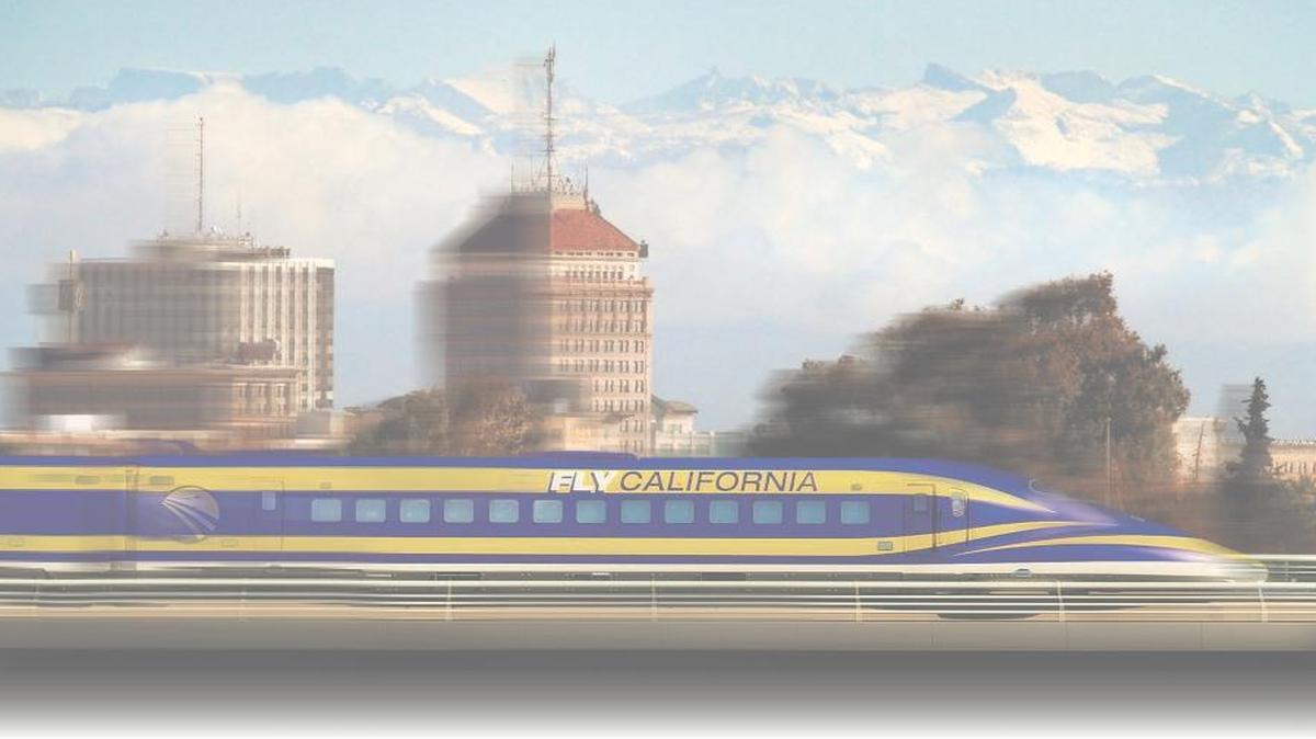A high-speed-rail train zooms through downtown Fresno in this photo illustration.