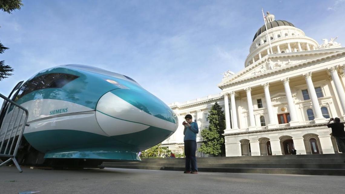 A full-scale mock-up of a high-speed train is displayed at the Capitol in Sacramento in February 2015. A Los Angeles Times analysis concludes California’s ambitious high-speed rail project will likely miss its 2022 deadline and go over its $68 billion budget.