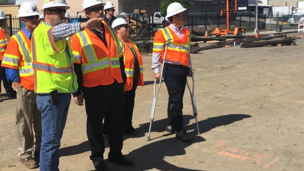Assembly Transportation Committee chairman Jim Frazier, D-Oakley (third from left) learns about construction progress on the Tuolumne Street bridge at Tuolumne and G streets in downtown Fresno for California’s high-speed rail project on Wednesday, March 16, 2016.