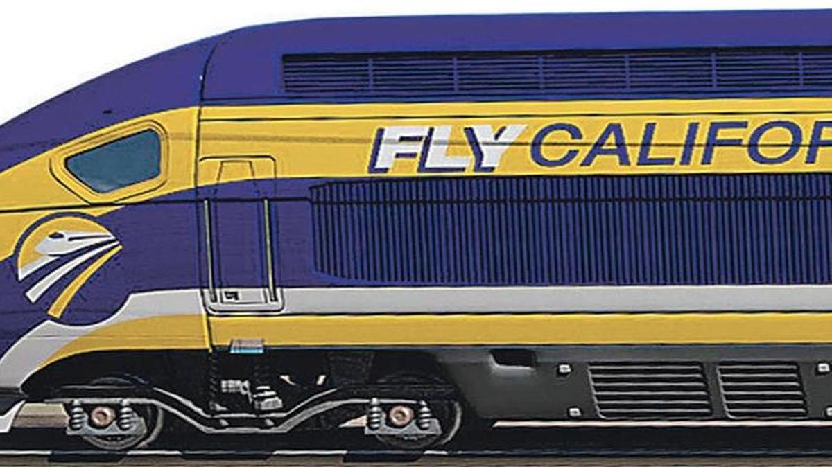 
A graphic illustration of a California high-speed rail train.
