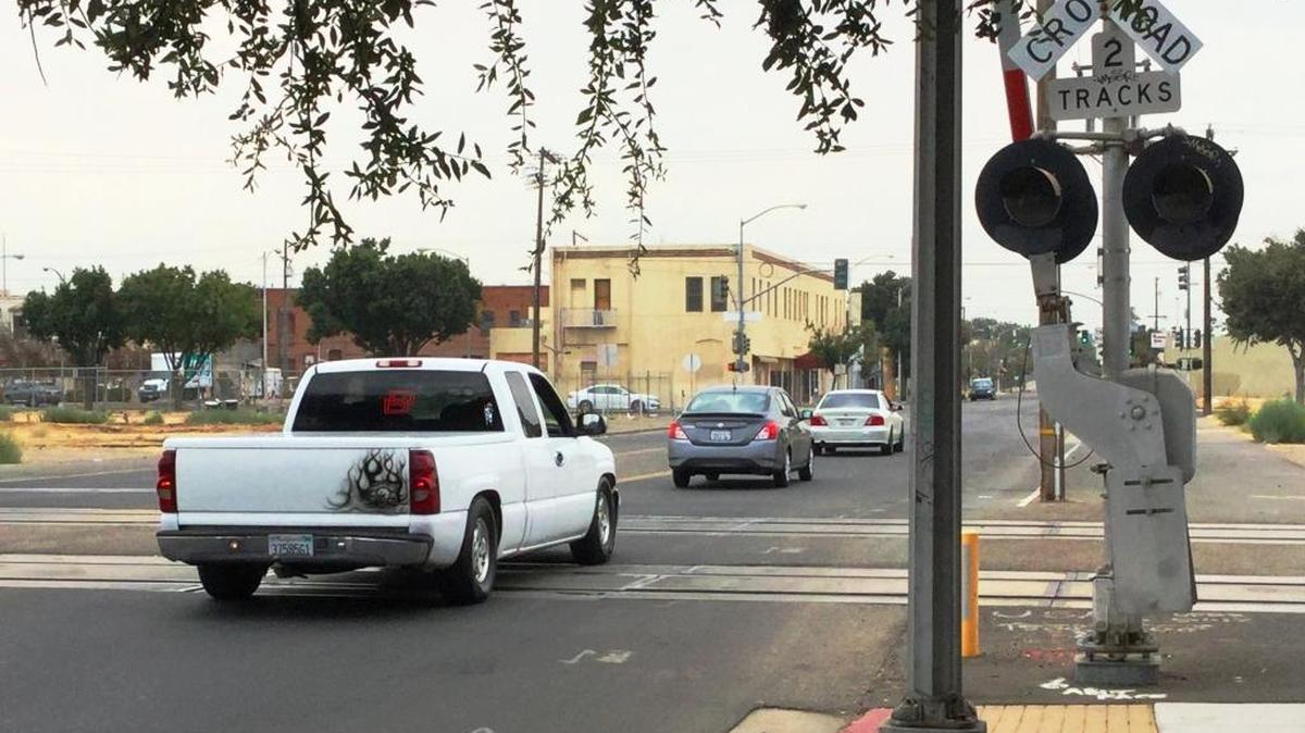 The Tulare Street crossing at the Union Pacific Railroad tracks near Fresno’s historic Chinatown district has been closed for construction of a new high-speed rail underpass. Nearby Kern and Ventura Streets will be closed starting in November and December.