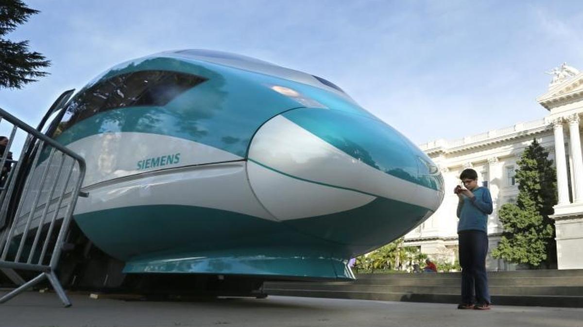 In this February 2015 photo, a full-scale mock-up of a high-speed train is displayed at the Capitol in Sacramento. Opponents of California’s high-speed rail plans alleged in legal papers filed Tuesday, Jan. 31, 2017 that the California Legislature violated the state constitution when it passed a law last year amending and modifying the $9 billion high speed rail bond act that voters approved in 2008.