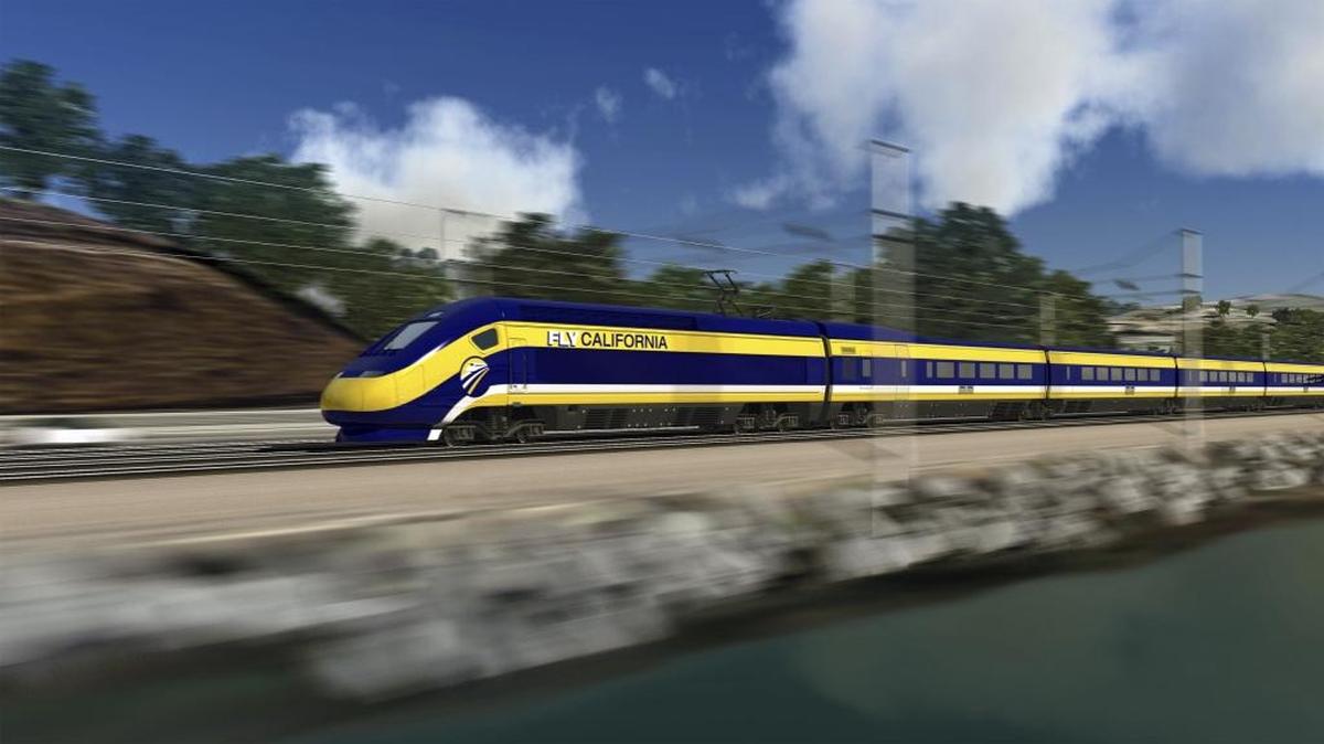
This image provided by the California High Speed Rail Authority shows an artist’s rendering of a high-speed train speeding along the California coast.

