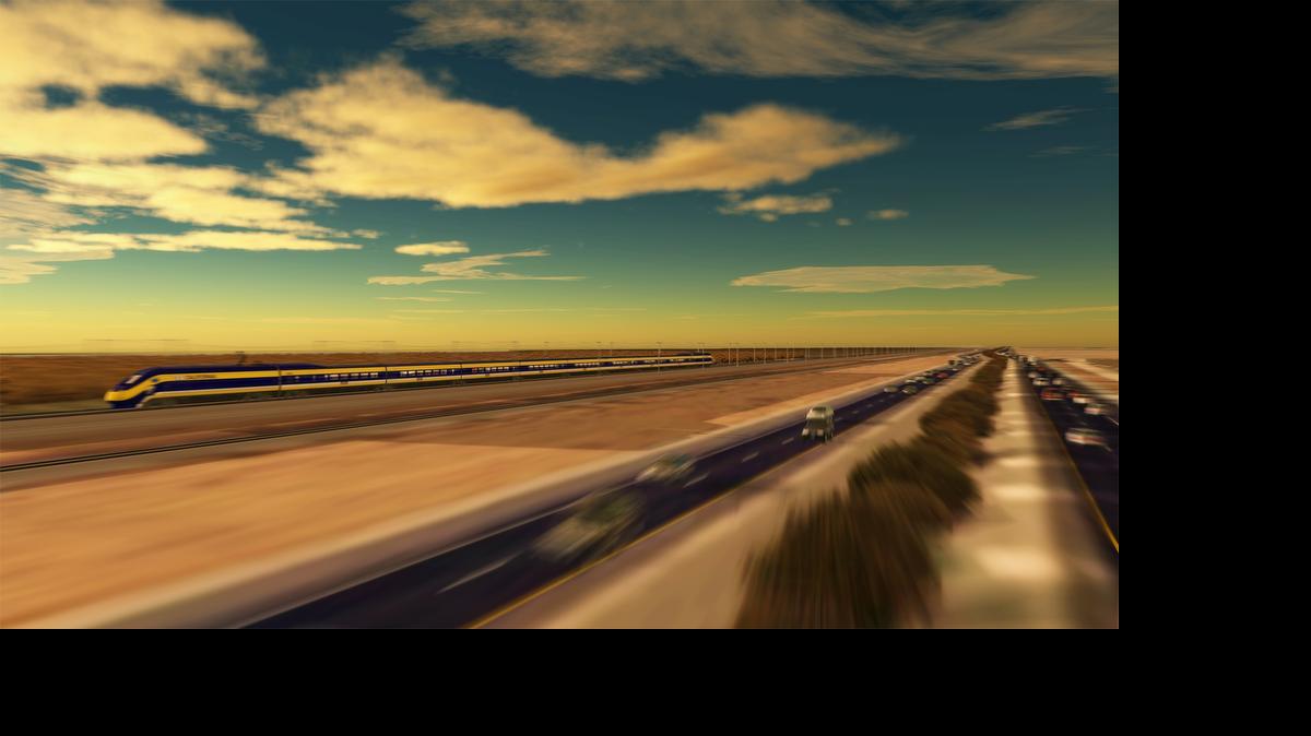
A high-speed train zips along next to a rural stretch of freeway in this artist’s rendering. The California High-Speed Rail Authority is asking private-sector representatives for ideas on how to finance and develop an operational system by the early 2020s.
