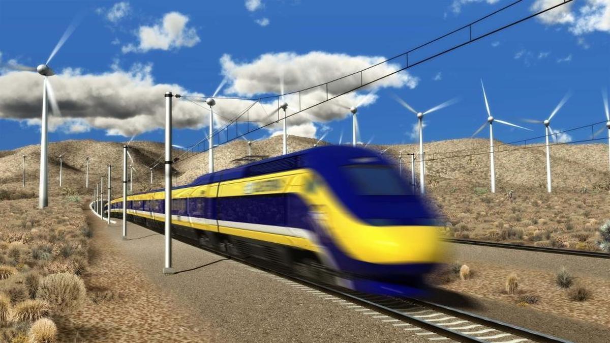 A view of a high-speed train moving through a wind farm in the proposed high speed rail network. California High-Speed Rail Authority