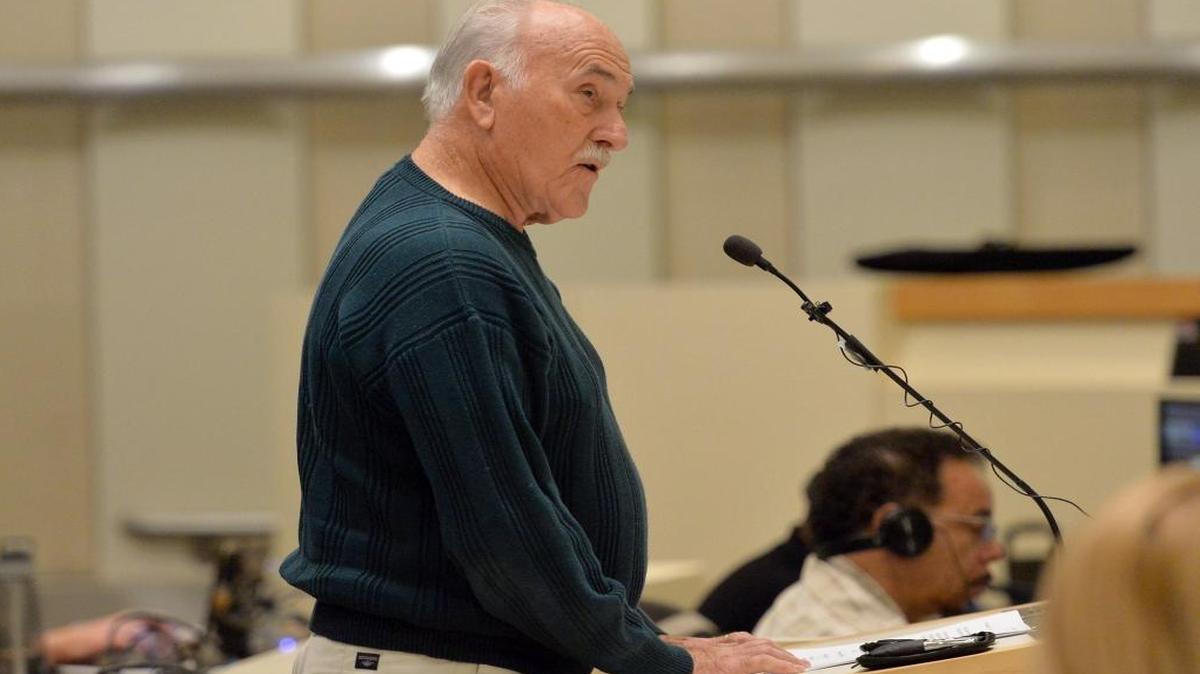 Ross Browning of Laton, a member of Citizens for California High-Speed Rail Accountability, speaks at the California High-Speed Rail Authority board meeting on Tuesday, November 17, 2015 in Fresno at City Hall in Fresno, California.