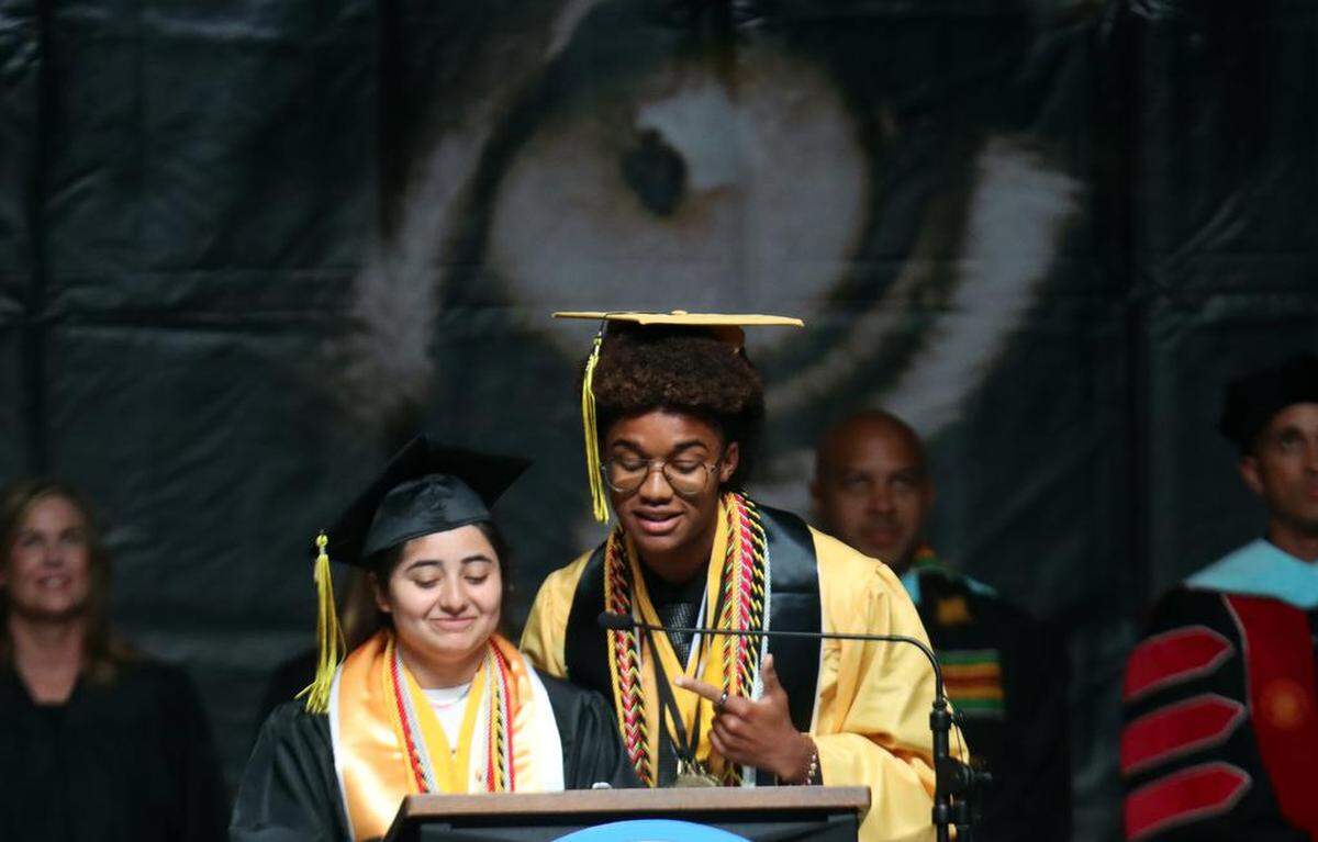 Senior class president Bellini Infante and vice president Thomas Stewart spoke at the Edison High School graduation ceremony at the Save Mart Center on June 5, 2023.