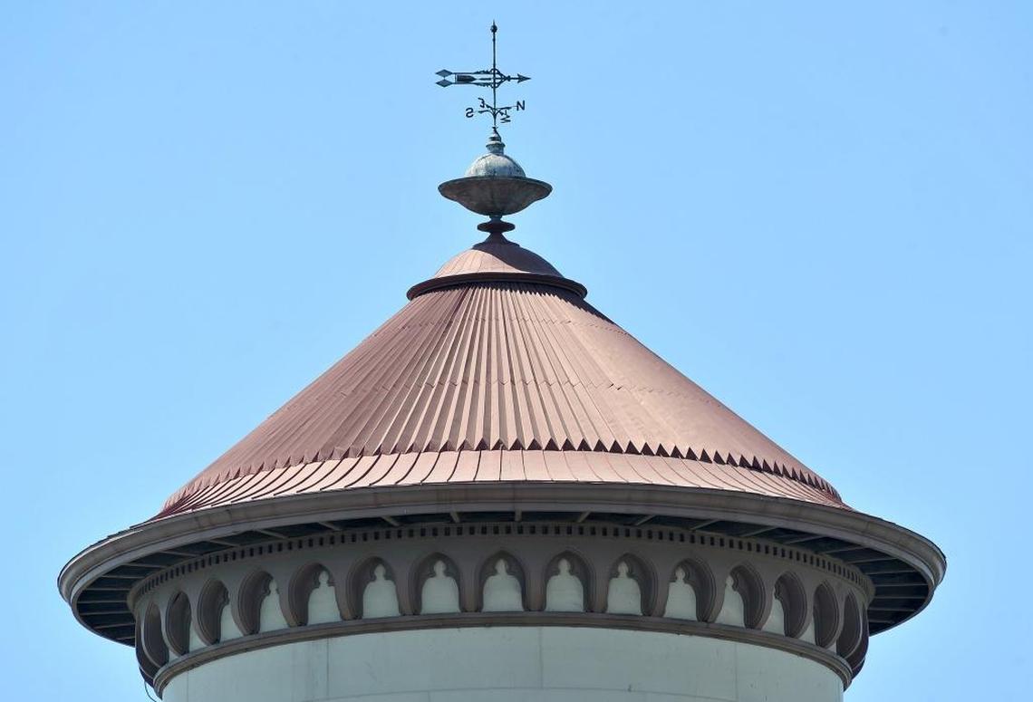 The top of the 1894 Fresno Water Tower is crowned with its weather vane.