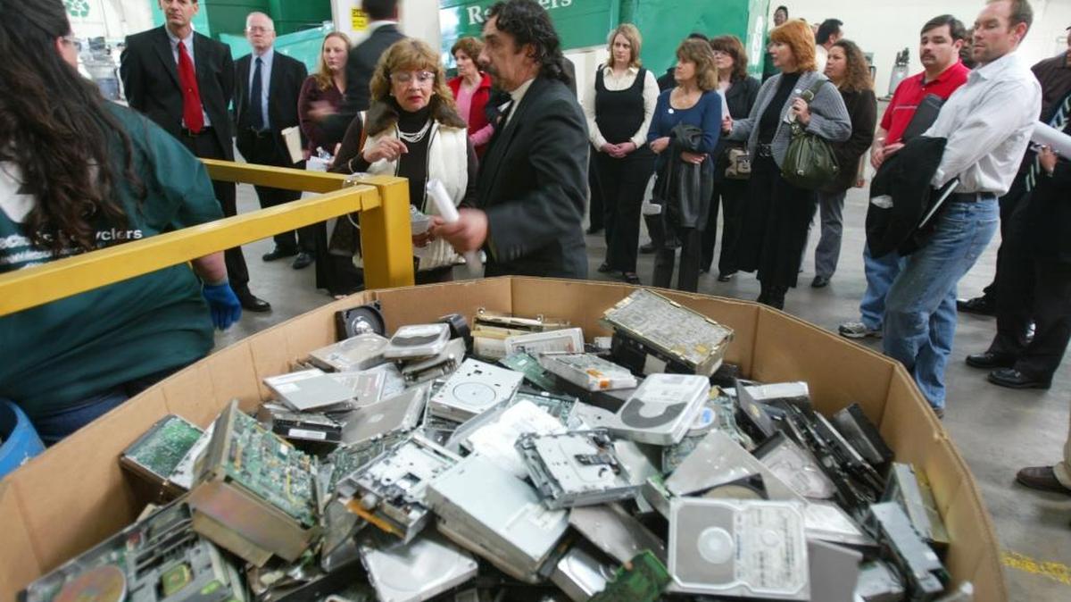This box of hard drives will be sent into a crusher and shredded into small pieces during an e-waste event in this file photo.
