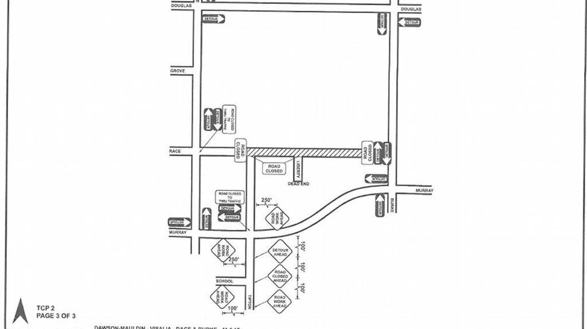This diagram shows the planned detour route during the monthlong East Race Avenue road closure in Visalia.