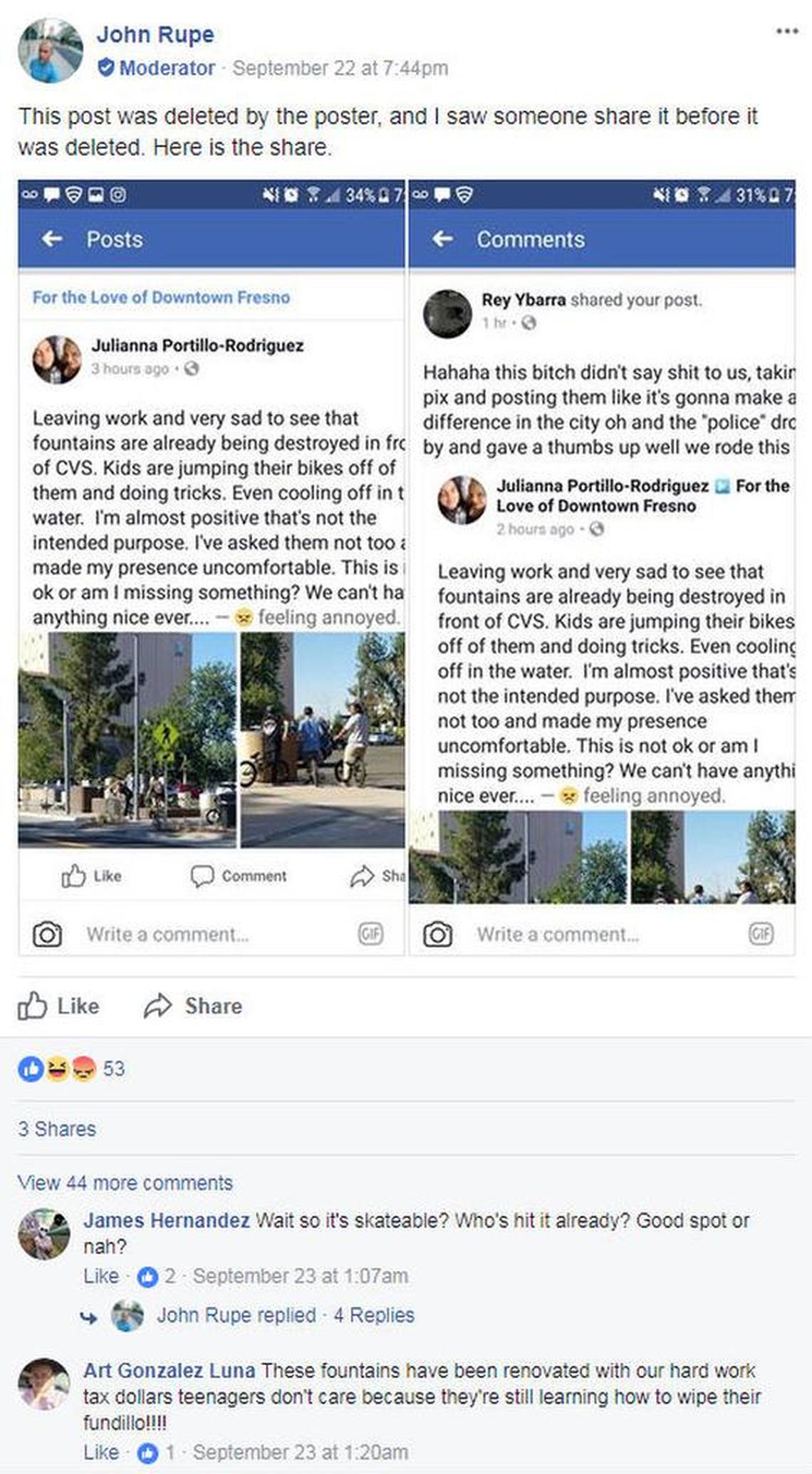 Facebook users discuss whether skateboarding is appropriate on the restored fountains at the newly reopened Fulton Mall.