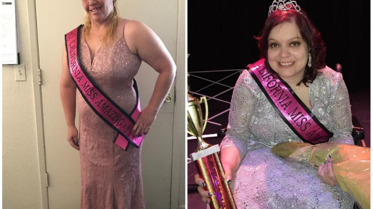 Melissa Mota, right, was crowned senior miss queen in the Miss Amazing California pageant on March 25 in southern California. Her roommate Erica Nunnelly, left, took runner-up.